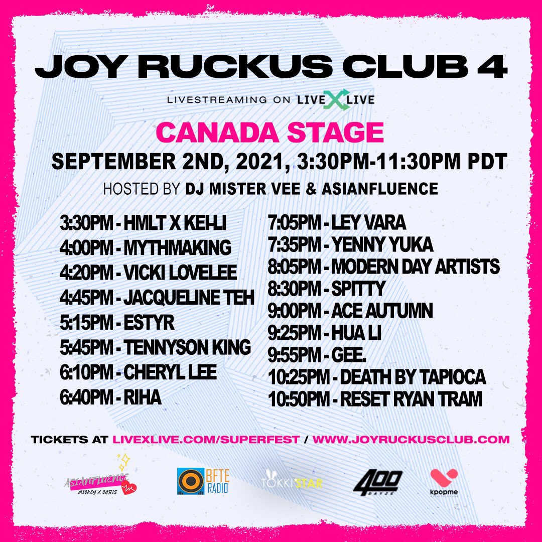 JOY RUCKUS CLUB 4 DAY 7 CANADA STAGE 🇨🇦 on <a href="/livexlive/">LiveOne</a> 

Performers include <a href="/HMLTlive/">HMLT</a> <a href="/JacqTeh/">Jacqueline Teh</a> <a href="/TennysonKing/">Tennyson King</a> <a href="/_mdastudios/">Modern Day Artist Studios</a> <a href="/Spitty_/">Spitty</a> <a href="/hualimusic/">HUA LI 化力</a> @alborzisms &amp; more!

Presented by <a href="/kpopmeent/">KPOPME</a> <a href="/tokki_star/">Tokki star</a> 

🎫: livexlive.com/superfest

#JRC4