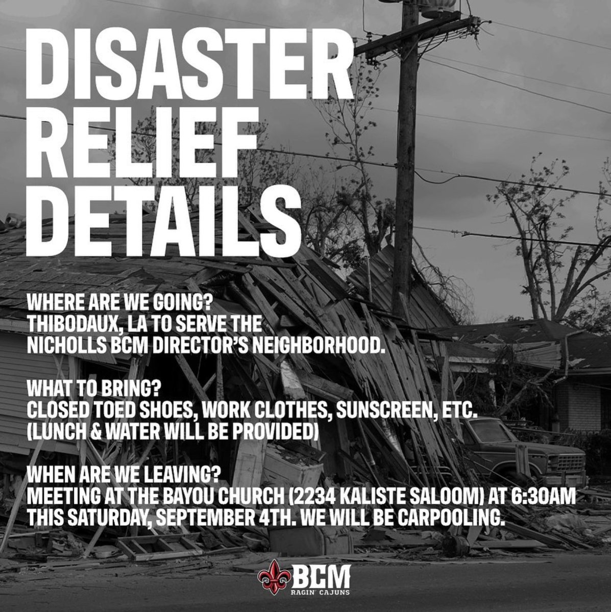 The UL Lafayette BCM is looking for volunteers to help with neighborhood cleanup in Thibobaux. They will carpool from the Bayou Church (2234 Kalist Saloom) at 6:30am on Saturday, Sept. 4. Sign up via their Instagram account: instagram.com/p/CTUtZg9nXP6/…
