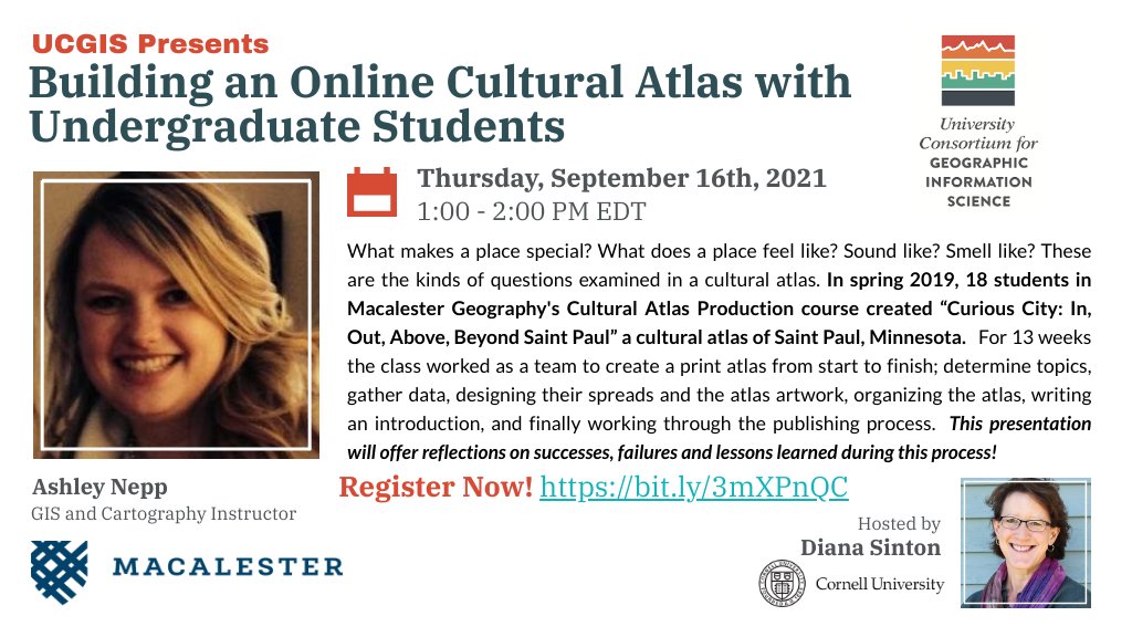 UCGIS (@ucgiscience) on Twitter photo Coming up NEXT WEEK September 16th at 1pm EDT join <a href="/AshleyNepp/">Ashley Nepp</a> of <a href="/Macalester/">Macalester College</a> for Building an Online Cultural Atlas with Undergraduate Students 🗺️ hosted by @dianamaps and presented by <a href="/UCGIScience/">UCGIS</a> #gischat #geographyteacher Register 👉bit.ly/3mXPnQC Coming up NEXT WEEK September 16th at 1pm EDT join <a href="/AshleyNepp/">Ashley Nepp</a> of <a href="/Macalester/">Macalester College</a> for Building an Online Cultural Atlas with Undergraduate Students 🗺️ hosted by @dianamaps and presented by <a href="/UCGIScience/">UCGIS</a> #gischat #geographyteacher Register 👉bit.ly/3mXPnQC