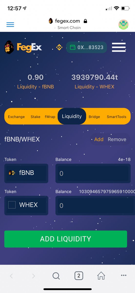 WHEX, FEG and/or fBNB sitting around in your wallet?

Why not put them to good use in the WHEX/FEG LP on <a href="/FEG_Exchange/">FEG.Exchange</a>?

If you add to the:
WHEX/FEG
WHEX/fBNB 
liquidity pools, 

@DoctorWithAFez will match the WHEX you add! If you lock the LP for a year, he will double the WHEX!