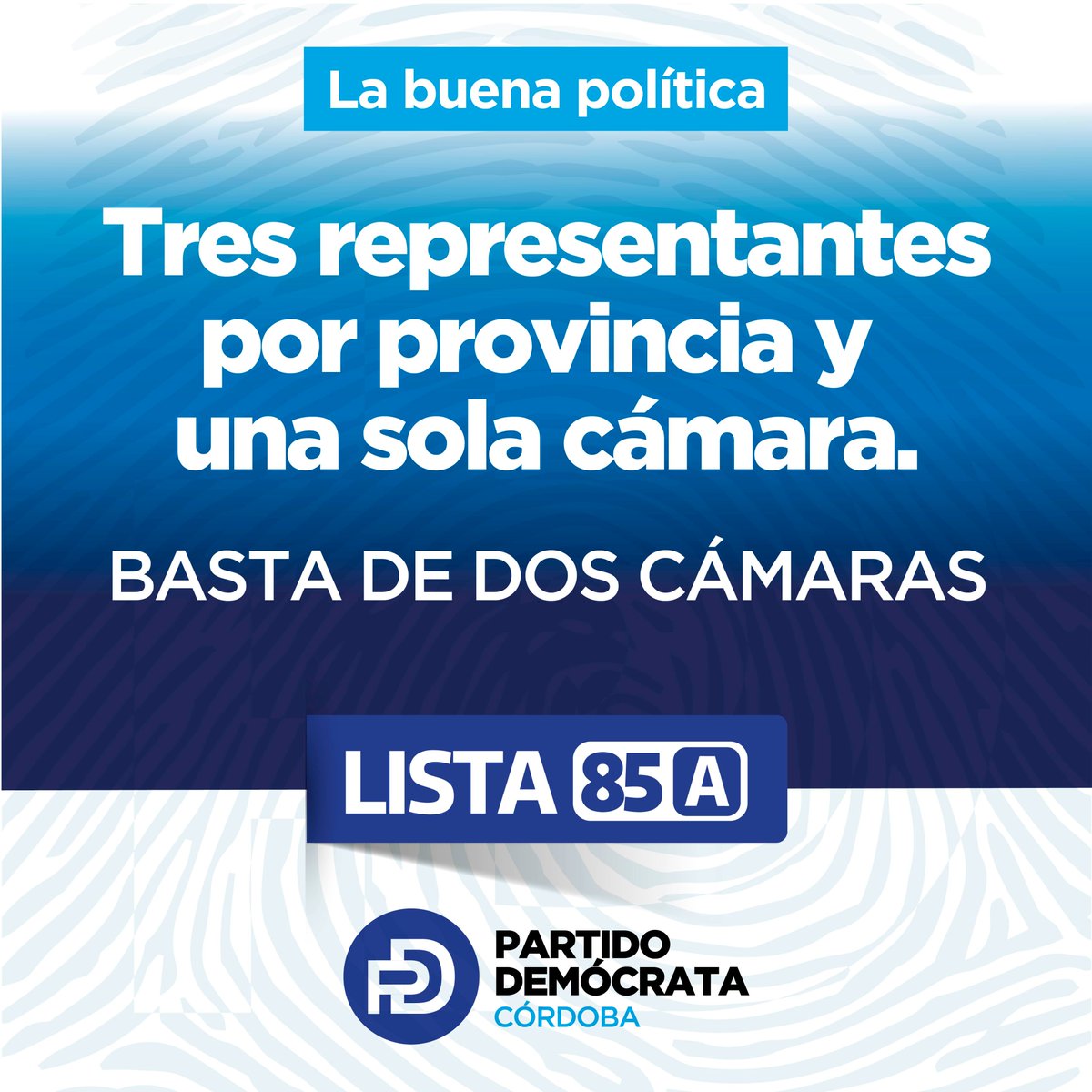 pdemocratacba's tweet photo. 3 representantes por provincia y UNA SOLA cámara: BASTA DE DOS CÁMARAS!.
@pdemocratacba
 #LaBuenaPolitica

- LISTA 85A - 
@LAVOZcomar @radiosuquia @Cadena3Com @lmcordoba @radiomitrecba @puntoapuntocba @RoqueBFernandez @EibenRodolfo @lunge_mery https://t.co/g8L5VxWhKi