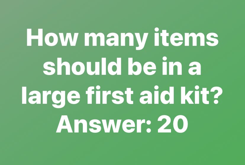 DoctorABC_UK's tweet image. Conforming bandages, Wound dressings, Finger dressings, Gauze pads/swabs, Plasters, Triangular bandage, Eye pad/dressing, Eye wash (saline/sterile water), Microporous tape, Safety pins, Foil blanket, Thermometer, Ice pack, Message for full list. #firstaidquiz #firstaidknowledge