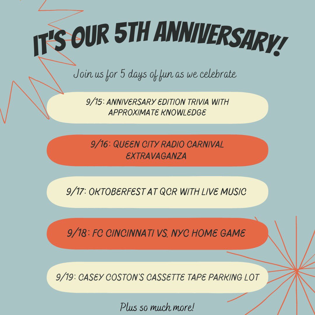 qcrbar's tweet photo. Save the date(s)! We’ve got 5 days of fun booked to ring in our 5th anniversary. Something a little different each day to keep it fresh and keep you coming back for more! There’s gonna be a dunk tank, live music, delicious food, raffles, and the list goes on and on. https://t.co/cu0XlByTuh