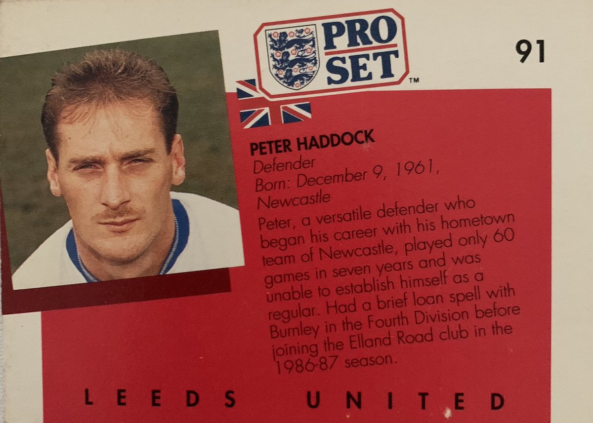 daily_set's tweet photo. Player of the year in ‘88, ‘fish’ played 118 league games for @LUFC, his only goal at Elland Road coming against @Official_STFC on loan keeper, Tim Flowers. Part of the 2nd Div winning side a few months before this cards release. #ProSet #ProSetDaily #LeedsUnited #PeterHaddock https://t.co/JSLnthXpg5