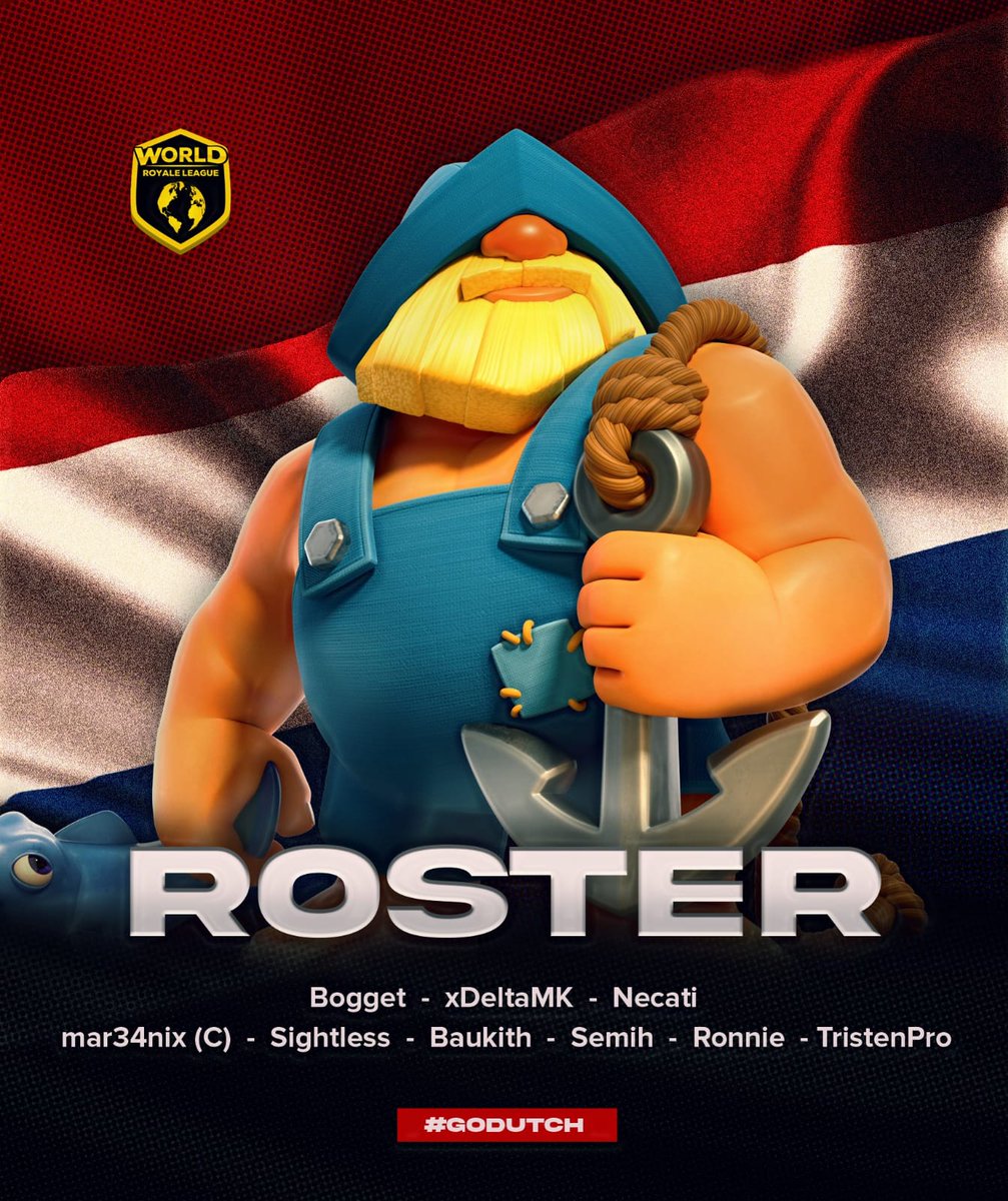Team NL (@netherlandscr) on Twitter photo ๐ฆDutch roster announcement for :
( <a href="/WorldLeagueCR/">World Royale League</a> WRL ) ๐ฆ
Staff :
๐จโ๐ป : <a href="/BoggetCR2/">LV Bogget</a>
๐จโ๐ป : <a href="/xDeltaMK/">xDeltaMK</a>
๐ : @necatiarikan
Players
๐ค : <a href="/mar34nix/">mar34nix</a> (C)
๐ค : @sightless_cr
๐ค : @RonnieeCR
๐ค : @SemihCR
๐ค : <a href="/Baukith/">Baukithโค๏ธCr8</a>
๐ค : @TristenPro
good luck to all the team
#GoDutch ๐ฆDutch roster announcement for :
( <a href="/WorldLeagueCR/">World Royale League</a> WRL ) ๐ฆ
Staff :
๐จโ๐ป : <a href="/BoggetCR2/">LV Bogget</a>
๐จโ๐ป : <a href="/xDeltaMK/">xDeltaMK</a>
๐ : @necatiarikan
Players
๐ค : <a href="/mar34nix/">mar34nix</a> (C)
๐ค : @sightless_cr
๐ค : @RonnieeCR
๐ค : @SemihCR
๐ค : <a href="/Baukith/">Baukithโค๏ธCr8</a>
๐ค : @TristenPro
good luck to all the team
#GoDutch