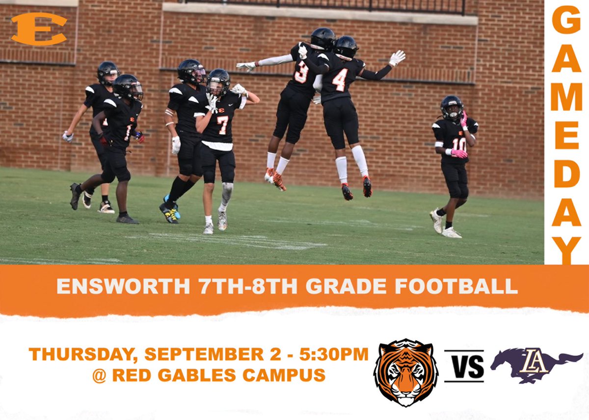 Ensworth Middle School Football (@ens_middlefball) on Twitter photo It’s GAME DAY vs Lipscomb Academy!! Come out and support. 5/6 Grade at 4:15, 7/8 Grade kickoff at 5:30. Both home contest. GO TIGERS! <a href="/jlmiles4562/">Joe Miles</a> <a href="/CoachRocBatten/">Roc Batten</a> <a href="/EnsworthFB/">Ensworth Football</a> It’s GAME DAY vs Lipscomb Academy!! Come out and support. 5/6 Grade at 4:15, 7/8 Grade kickoff at 5:30. Both home contest. GO TIGERS! <a href="/jlmiles4562/">Joe Miles</a> <a href="/CoachRocBatten/">Roc Batten</a> <a href="/EnsworthFB/">Ensworth Football</a>