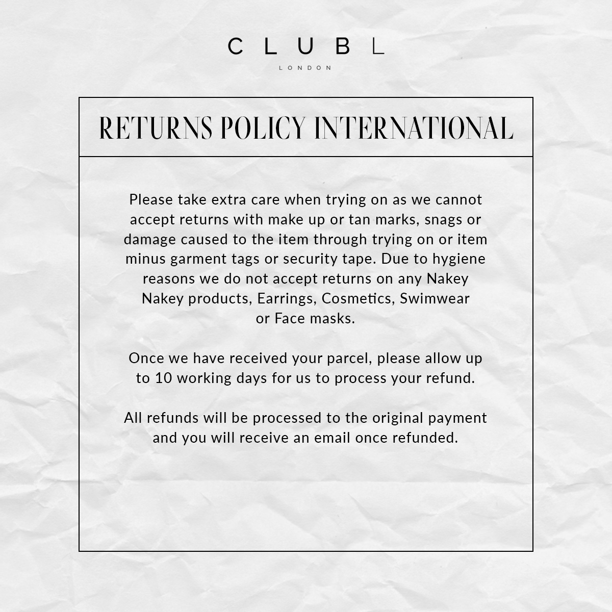 ClubLLondon's tweet photo. 𝘐𝘯𝘵𝘦𝘳𝘯𝘢𝘵𝘪𝘰𝘯𝘢𝘭 𝘊𝘭𝘶𝘣 𝘓 𝘉𝘢𝘣𝘦𝘴... any issues sending items back, we are here to help💖

All the info you need for returning items outside the UK https://t.co/s29UNv4kFz