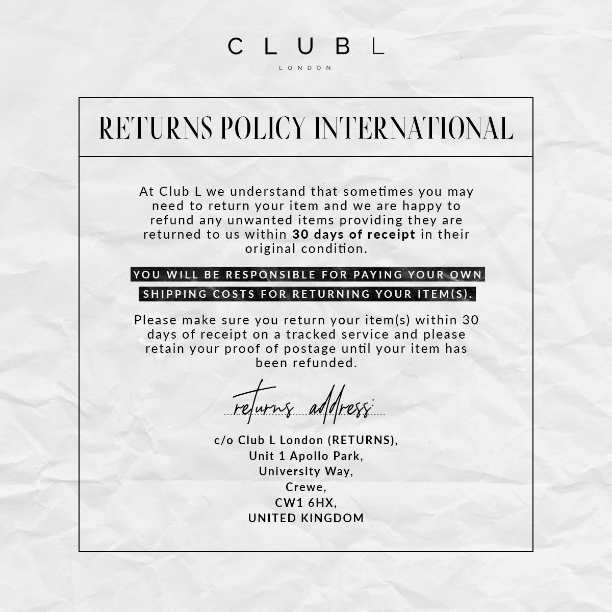 ClubLLondon's tweet photo. 𝘐𝘯𝘵𝘦𝘳𝘯𝘢𝘵𝘪𝘰𝘯𝘢𝘭 𝘊𝘭𝘶𝘣 𝘓 𝘉𝘢𝘣𝘦𝘴... any issues sending items back, we are here to help💖

All the info you need for returning items outside the UK https://t.co/s29UNv4kFz
