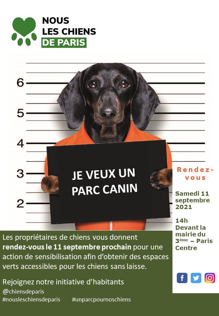 RDV samedi 11 septembre 14h, devant la Mairie du Centre (3ème): interpellons les élus sur notre besoin de parcs canins dans le centre de Paris et contre la repression qui s'accroît partout dans <a href="/Paris/">Paris</a> et dans les Bois de Vincennes et Boulogne. RT ! 🐶🐕🐩🐺#unparcpournoschiens
