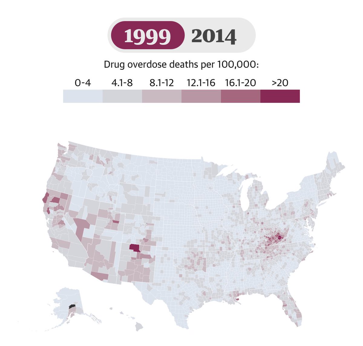 LukeGromen's tweet photo. “Hey Siri, show me a good way to further heighten ‘flyover country’ suspicions of the medical establishment (article below).”

Left map is 1999 US drug OD’s per 100k people; right map is 2014.

#NoSkinInTheGame
#HeadsIWinTailsYouLose
#DeathsOfEconomicHopelessness
#FourthTurning https://t.co/WoUaL6pvHp