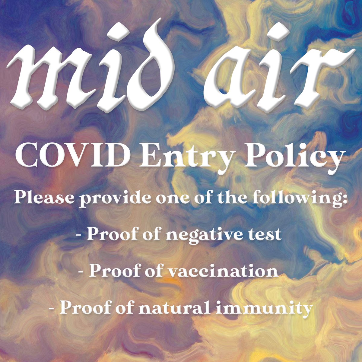Mid____Air's tweet photo. The big day is almost upon us, so we wanted to let you know about the Covid entry policy for Venue MOT. 

It’s been a long time coming but we are finally here. We are absolutely ecstatic for tomorrow and can’t wait for you to come and dance with us.

https://t.co/hgvdbXdBKx https://t.co/ZTHJa24OBv