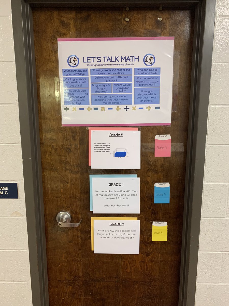 This is the best idea ever. Check out our bathroom math chat. As classes are using the restroom our kids who are waiting can now practice their math dialogue using our extension problems. #EveryMinuteMatters. Great job @SaraMKulig #sssct