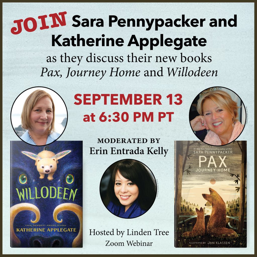 sarapennypacker's tweet photo. Please join me and the one and only @kaaauthor on Sept. 13 at 6:30pm PT as we chat about our new books, WILLODEEN &amp;  PAX, JOURNEY HOME!

This event will be moderated by the wonderful @erinentrada and hosted by @LindenTreeBooks. ❤️ I hope you can join us! https://t.co/jWAZQKcmFe https://t.co/XjpcQcttmf