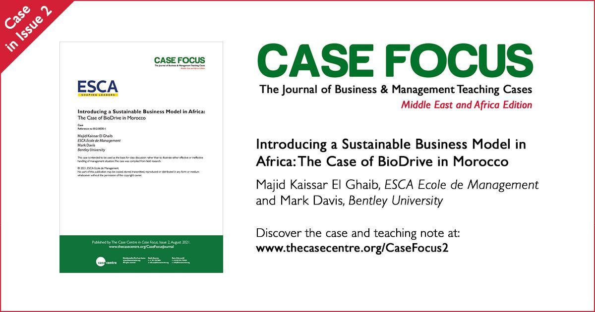 'Introducing a Sustainable Business Model in Africa: The Case of BioDrive in Morocco' is the fifth case to feature in Issue 2⃣ of Case Focus.

<a href="/ESCA_EM/">ESCA EM</a>'s <a href="/majid_kaissar/">Majid K.  El Ghaib</a> and <a href="/bentleyu/">Bentley University</a>'s Mark Davis are the authors.

👉 buff.ly/3joCRrb

🇲🇦♻️