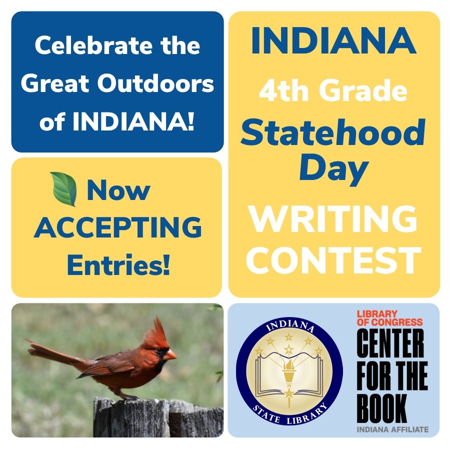 state_library's tweet photo. We are now accepting entries! All fourth grade Hoosier children can participate in the annual Statehood Day writing contest. Write an essay about nature in Indiana and win! Visit https://t.co/CbX05O73h7 to learn more! Deadline to enter is Oct. 22. #essay #contest #statehoodday https://t.co/L6MCW1ZTV7