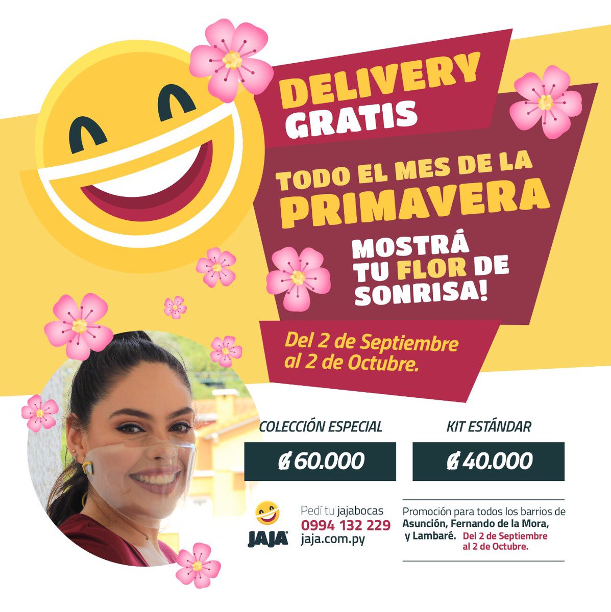 jajabocaspro's tweet photo. Todo el mes de la primavera mostrá tu FLOR de sonrisa! Jaja! 😄😁 Delivery #gratis desde el 2 de septiembre al 2 de octubre! Aprovechá esta promoción y pedí tu #Jajaboca al 0994132229! En todos los barrios de #Asunción #Lambaré #FernandoDeLaMora https://t.co/4MP8Mxb1C5