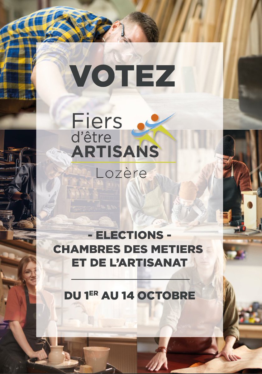 📣 Élection Chambre des Métiers et de l’Artisanat  
@artisanal48
 #CMA48

🗓 Du 1er au 14 octobre 

🗳 Votez « Fiers d’être Artisans » 

 #FDA48 #FiersArtisans #ElectionCMA #Lozere #artisans