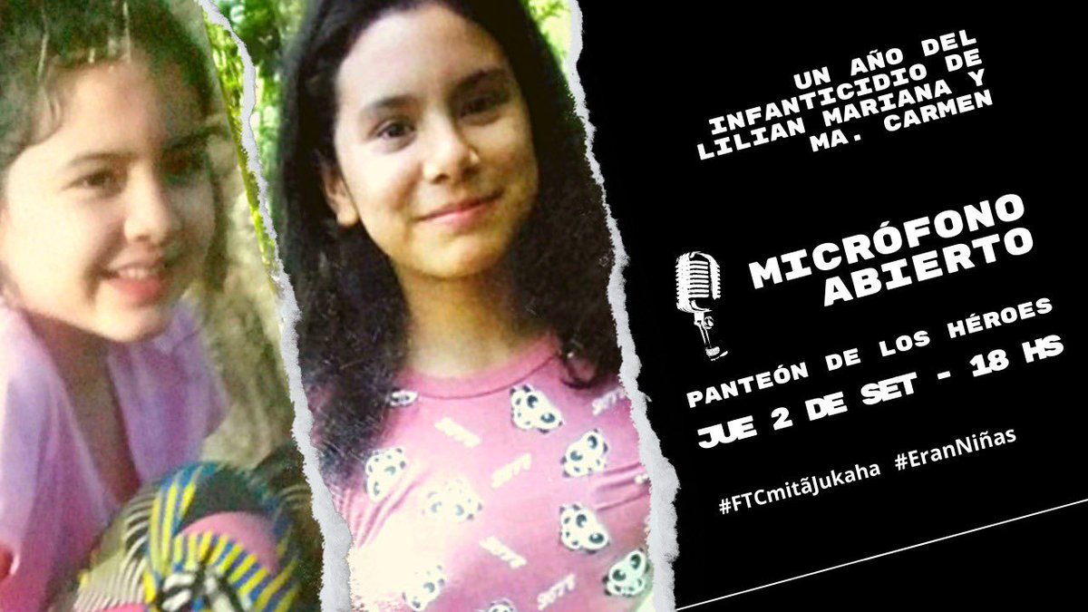 RobertoOvelarM's tweet photo. Lilian Mariana y María del Carmen, fueron asesinadas hace un año, tenían 11 años, eran niñas. El Gobierno espera que el manto de la impunidad cubra el crimen y nos olvidemos de ellas, pero no será así. Hoy en Asunción frente al Panteón se exige justicia. https://t.co/z7RoFjmyC8