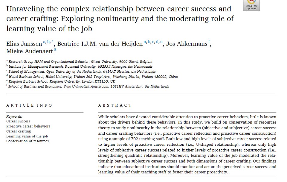 New ⬇️ in Journal of Vocational Behavior

"Unraveling the complex relationship between career success and career crafting: Exploring nonlinearity and the moderating role of learning value of the job"

doi.org/10.1016/j.jvb.…

<a href="/hrm_ob/">HRM & OB Ghent University</a> <a href="/UGentFEB/">UGentFEB</a> #OpenAccess