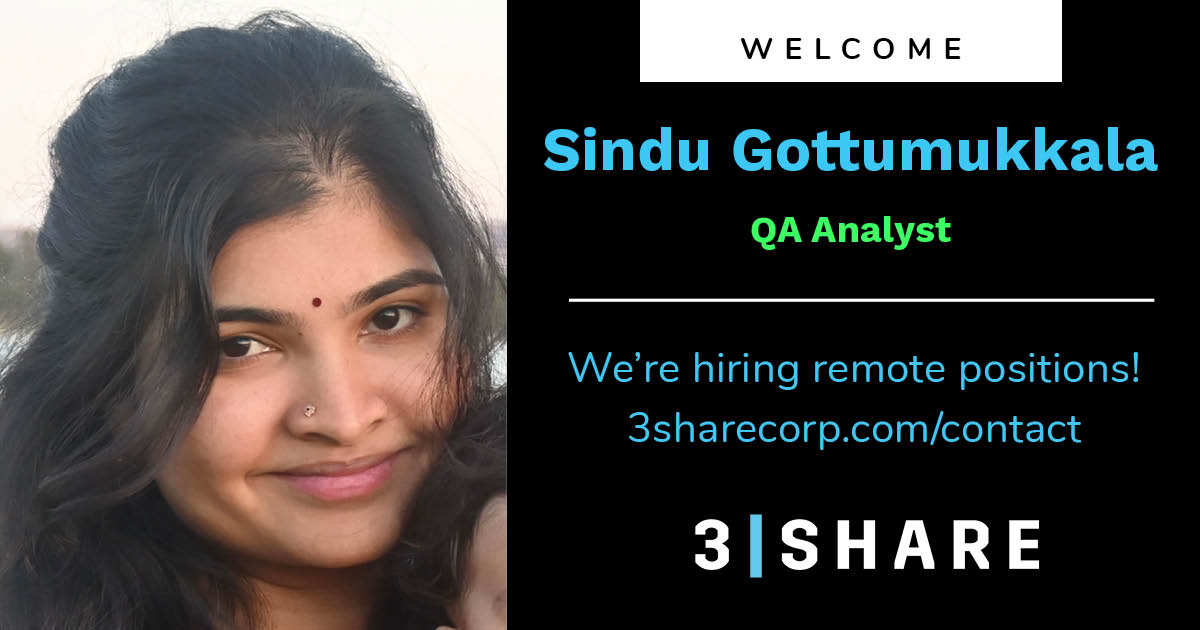 3SHARE's tweet image. Code quality is important to 3|SHARE &amp;amp; our clients. We&apos;re excited to welcome #qaanalyst @SindhuTagore to our #remoteteam! She joins us from Arizona. Are you an #aemdeveloper , #reactjsdeveloper or #qaengineer ? We&apos;d love to talk to you. Submit your CV to 3sharecorp.com/contact