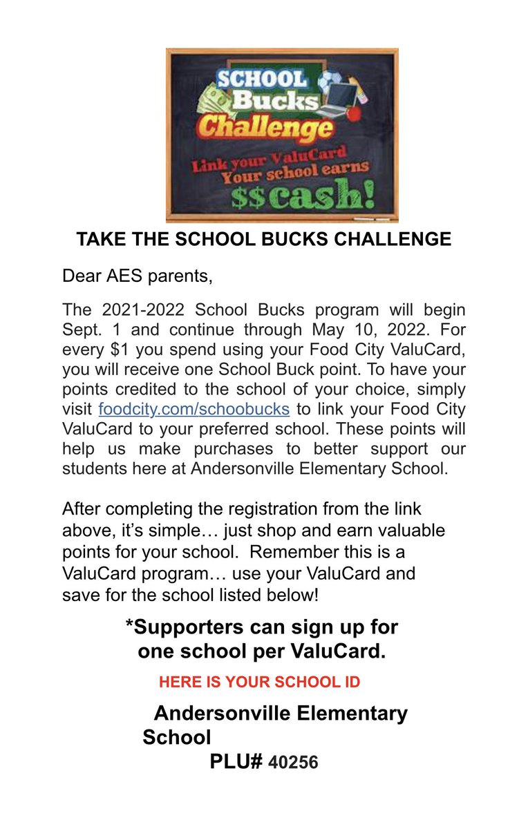 Hey families!  If you shop at Food City, please link your ValuCard for our school to earn money! Instructions are below and we greatly appreciate you! #beapawsitivetiger #AESistheBEST