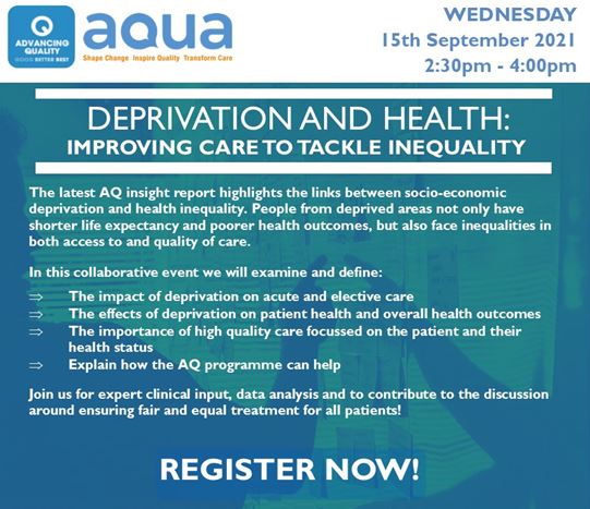 Aqua_NHS's tweet photo. 📅Register: AQ deprivation and health event!
This collaborative event will examine & define the impact of deprivation on acute & elective care, and also the effect of deprivation on patient health and the overall health outcomes.
Register for the webinar:https://t.co/haIwaRrbfX https://t.co/vv54Wy2OtP