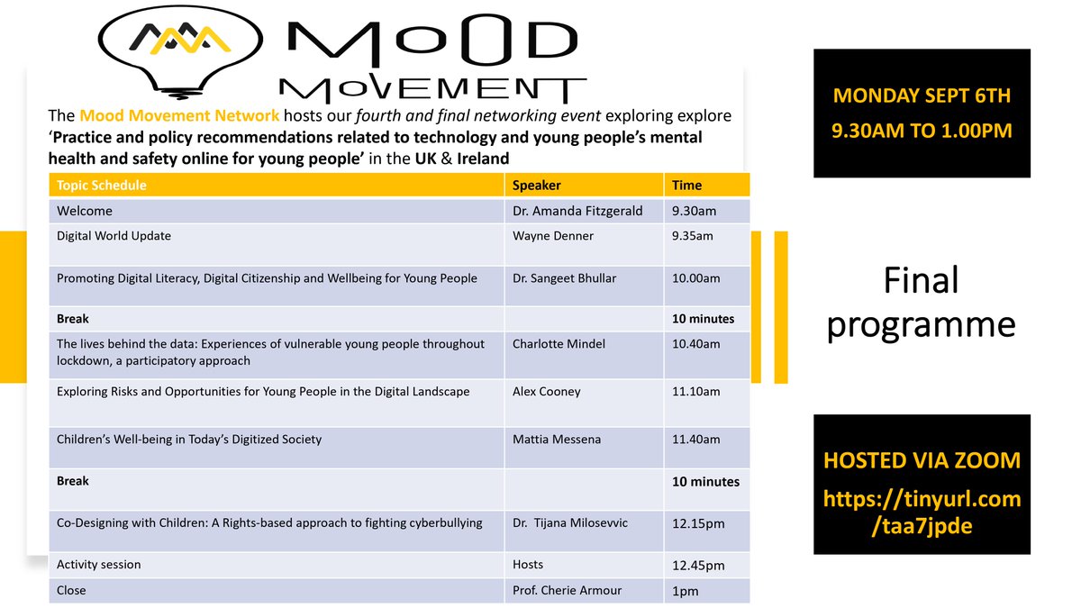 Last chance to register for our final @Mood_Movement network next Monday 9.30am on Practice and policy recommendations related to technology and young people’s mental health and safety online for young people. Register here : tinyurl.com/taa7jpde