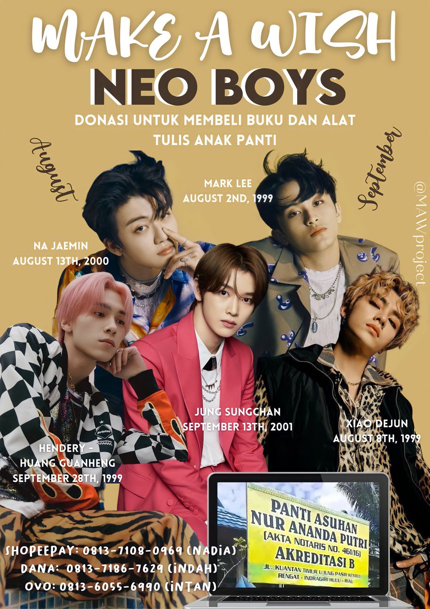 MAWproject's tweet photo. please help RT nctzens!!🤍���🇨

𝙈𝘼𝙆𝙀 𝘼 𝙒𝙄𝙎𝙃, 𝙉𝙀𝙊 𝘽𝙊𝙔𝙎!

💚NCT August and September 2021 Birthday Project💚
Mark Xiaojun Jaemin Sungchan Hendery

ೃ⁀➷Project donasi untuk membeli buku dan alat tulis untuk Panti Asuhan Nur Ananda Putri

⬇️check this thread for more⬇️ https://t.co/mKkS66iRaC