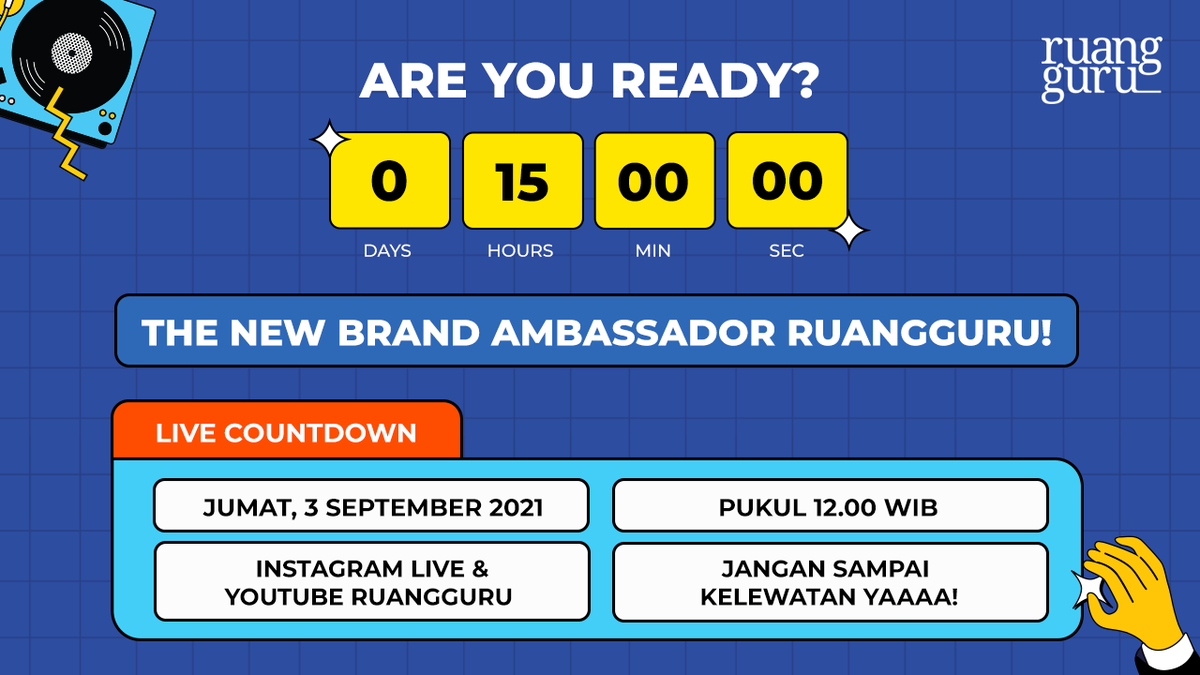 Udah siap kan menyambut tamu jauh dari Korea? 

Yuk, pasang alarmnya dan ikutan nimbrung di Live Countdown The New Brand Ambassador of Ruangguru di Instagram & YouTube Ruangguru! #BrandAmbassadorRuangguru💎✨