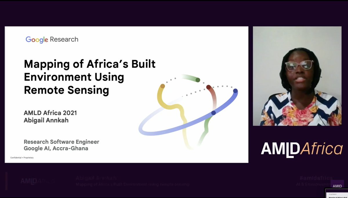 AMLDAfrica's tweet photo. Abigail Annkah from @Google is presenting her work on the "Mapping of Africa’s Built Environment using remote sensing" #AMLDAfrica2021 #AIEnvironment https://t.co/japVXx2fwb