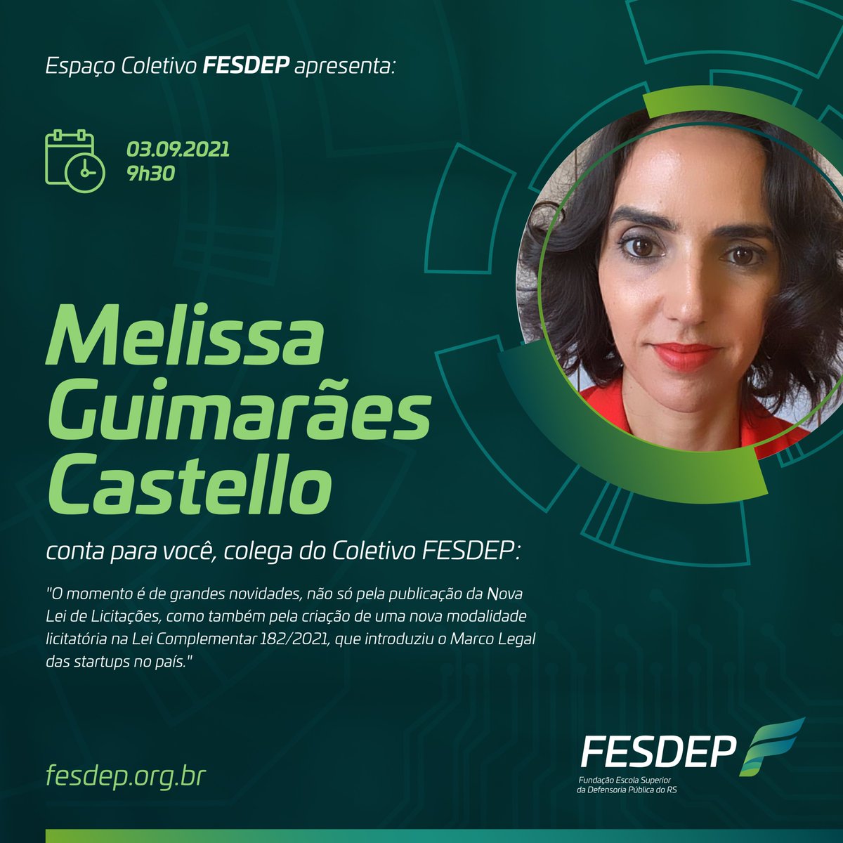 FESDEP's tweet photo. A Procuradora do Estado do Rio Grande do Sul, Melissa Guimarães Castello escolheu os temas mais interessantes e inovadores para um debate amplo com colegas Defensoras Públicas e Defensores Públicos do Coletivo FESDEP.
#FESDEP #Defensoriapublica #defensoria #defensor #defensora https://t.co/sAKFZJyaDR