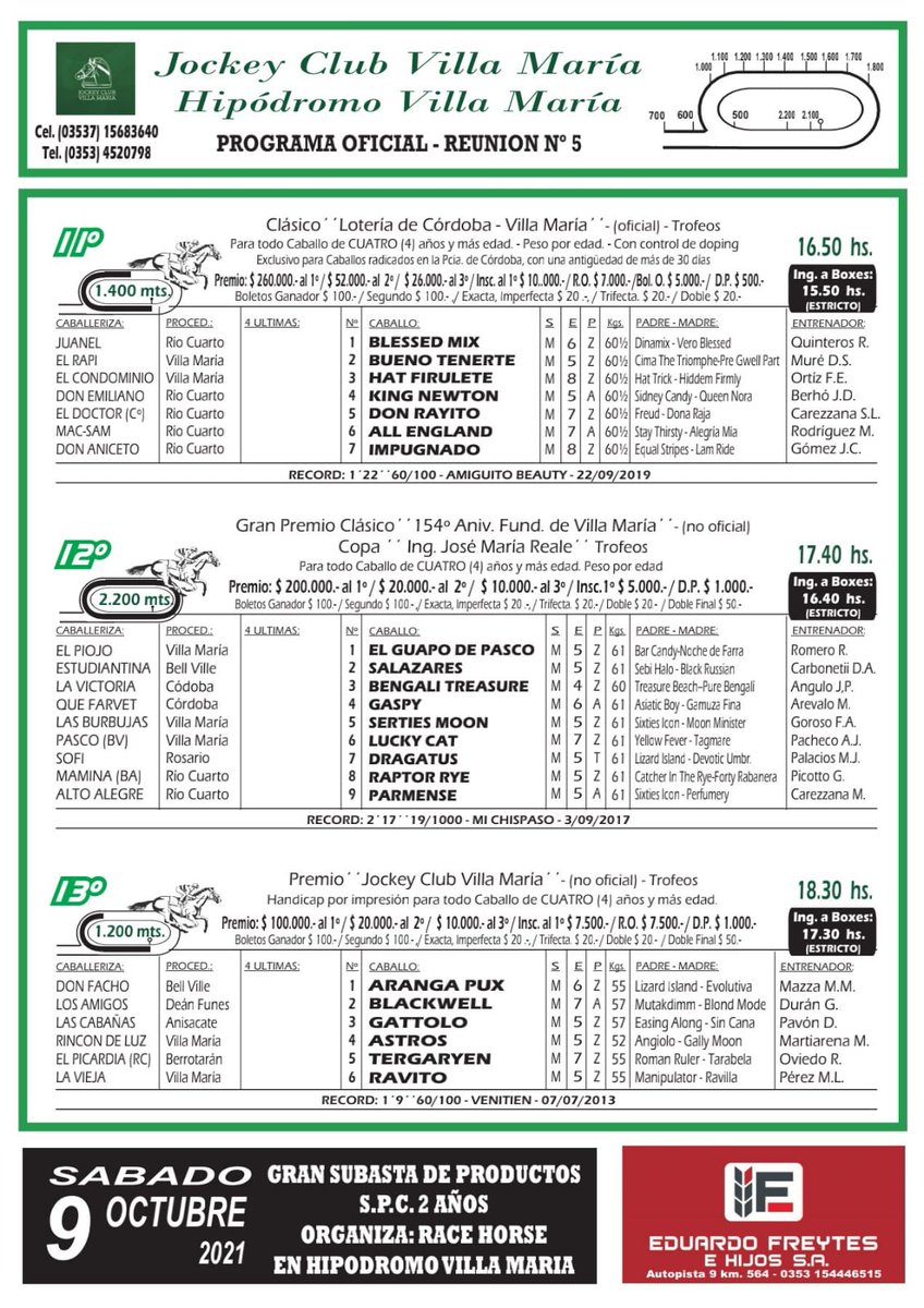 TURF🇧🇬🐴 Dom 5 sep.
Gran Premio 154 Aniversario de Villa María
PROGRAMA OFICIAL
➡️Transmisión en vivo y en directo por canal de YouTube: Hipódromo de Villa María.
🐎🏆ATENCIÓN!!! Luego de 30 años se disputará una carrera oficial: "Clásico Lotería de Córdoba - Villa María".
