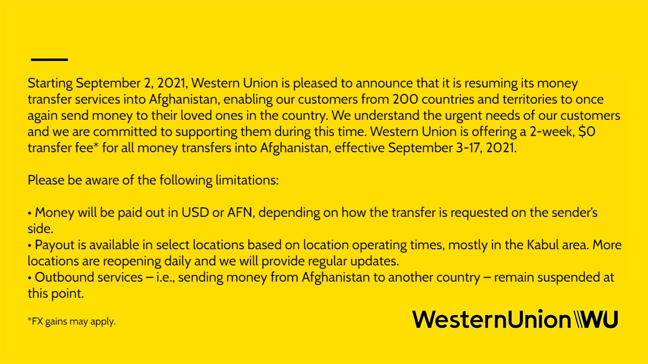 Western Union suspends money transfers to Afghanistan, cutting off