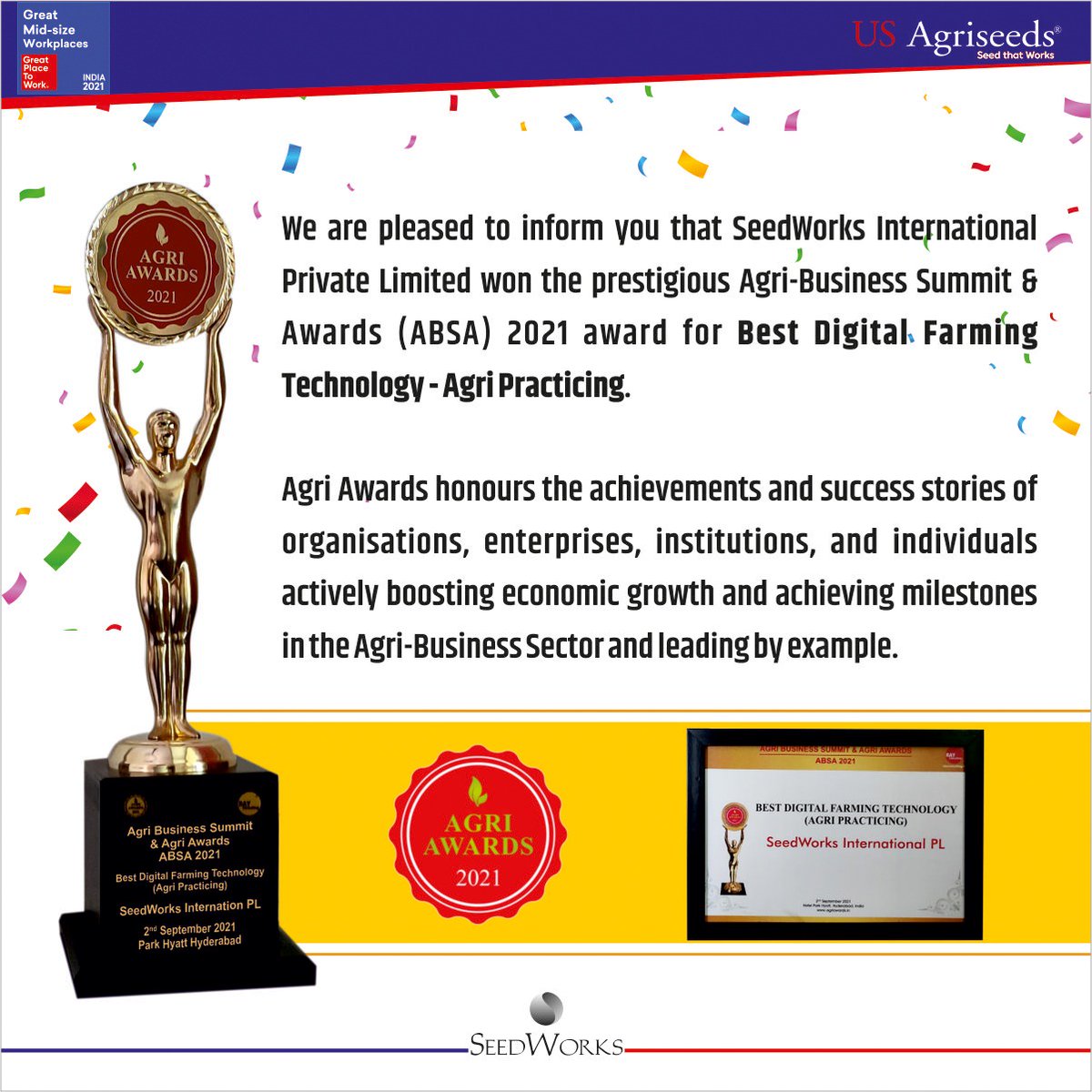 SeedWorks International Private Limited won the prestigious Agri-Business Summit &amp; Awards (ABSA) 2021 award for Best Digital Farming Technology - Agri Practicing.
#SeedWorks #seedthatworks #proudlyseedworks #digitalfarming #agriculture #awardwinning #celebration #ABSA2021