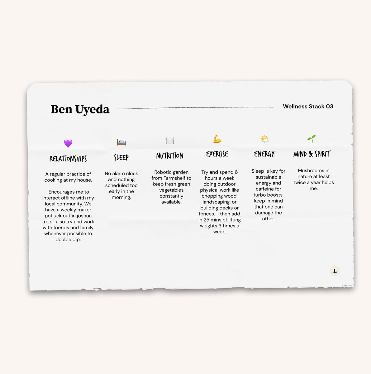 Designer, <a href="/BenUyeda/">ben uyeda</a>, shares what's in his wellness stack...

ft. weekly maker potlucks, no alarm clocks, robotic garden <a href="/farmshelf/">farmshelf 🥬</a>, and more.