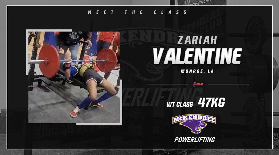 Next up we have Zariah Valentine  

Hometown 🏡: Monroe, LA
Year: Freshman
Major 📚: Criminal Justice
Favorite lift 🏋️‍♀️: Bench Press
Interesting Fact: 🧐 She has 13 siblings. 

#mckendreemonsters #mckendreepowerlifting #collegiatepowerlifting