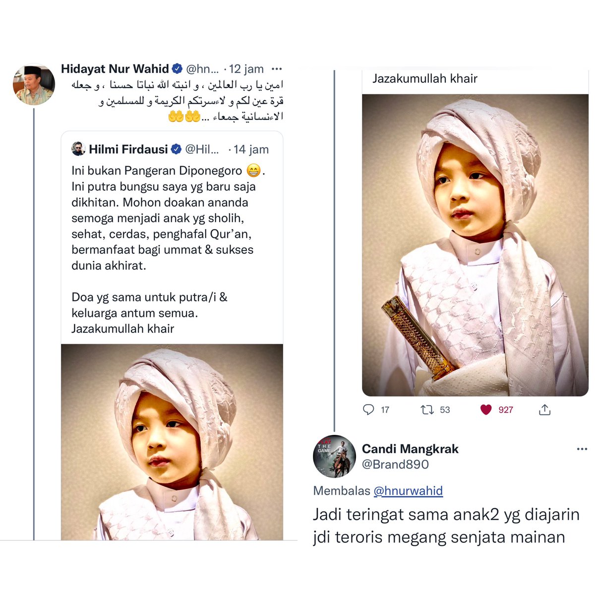 Hilmi28's tweet photo. Kelakuan buzzer mmg nirakhlaq. Ditengah bgtu byknya doa utk anak sy yg baru dikhitan, slah satunya dr Ust @hnurwahid, dia malah tega2nya mengaitkan dgn terorisme, pdhal ini cosplay pahlawan nasional. Apa anak sy hrs cosplay Rambo atau Avenger dulu biar ga dikaitkan dgn teroris ?! https://t.co/hQPILvb0os