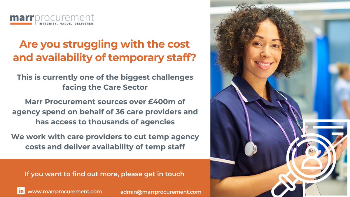 Care England 💚 (@careengland) on Twitter photo Are you struggling with the cost and availability of temporary staff?
<a href="/MarrProcurement/">Marr Procurement</a> works with care providers to help cut temp agency costs and deliver availability of temp staff.
Head to their website for more detail via the link👇
marrprocurement.com Are you struggling with the cost and availability of temporary staff?
<a href="/MarrProcurement/">Marr Procurement</a> works with care providers to help cut temp agency costs and deliver availability of temp staff.
Head to their website for more detail via the link👇
marrprocurement.com