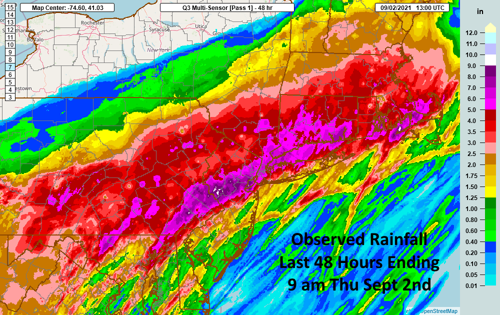 NWSEastern's tweet photo. Observed rainfall totals for the last 48 hours ending 9 am Thursday September 2nd. Rainfall rates at some locations were 2.5-3.5 inches per hour. Newark NJ received 3.24" from 8-9 pm &amp; Central Park saw 3.15" from 9-10 pm, both all time records for highest 1-hour rainfall totals https://t.co/Gq77yhg2LQ