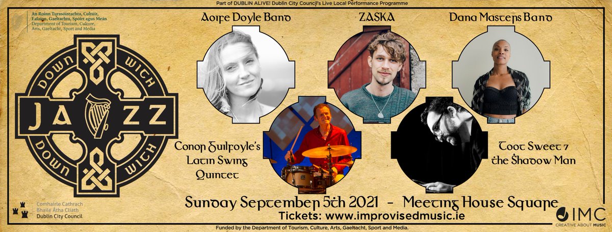 Have you seen our fantastic line-up for Down With Jazz! this Sun? Hear the best 'modren' Irish jazz incl. Aoife Doyle Band, Dana Masters Band, ZASKA, Conor Guilfoyle's Latin Swing Quintet, &amp; Toot Sweet &amp; the Shadowman! bit.ly/eventsimc
Thx <a href="/DubCityCouncil/">Dublin City Council</a> &amp; @DeptCulturelRL