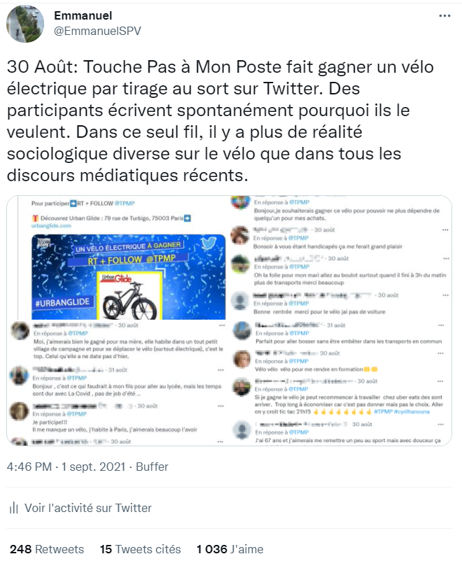 Près de 100.000 impressions en 24h pour ce tweet pourtant austère. Le pouvoir des témoignages au delà des discours politiques. Et si "le peuple ne se sent pas concerné par le vélo" était autant un préjugé que "le peuple achète des écrans plats avec les allocs" ?