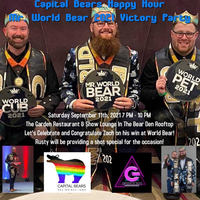BearsDSM's tweet photo. Come join us and congratulate Zach! #bearisastateofmind #bearsdsm #dsmbears #capitalbears #mrworldbear2021 https://t.co/j1sCvR3Vzd