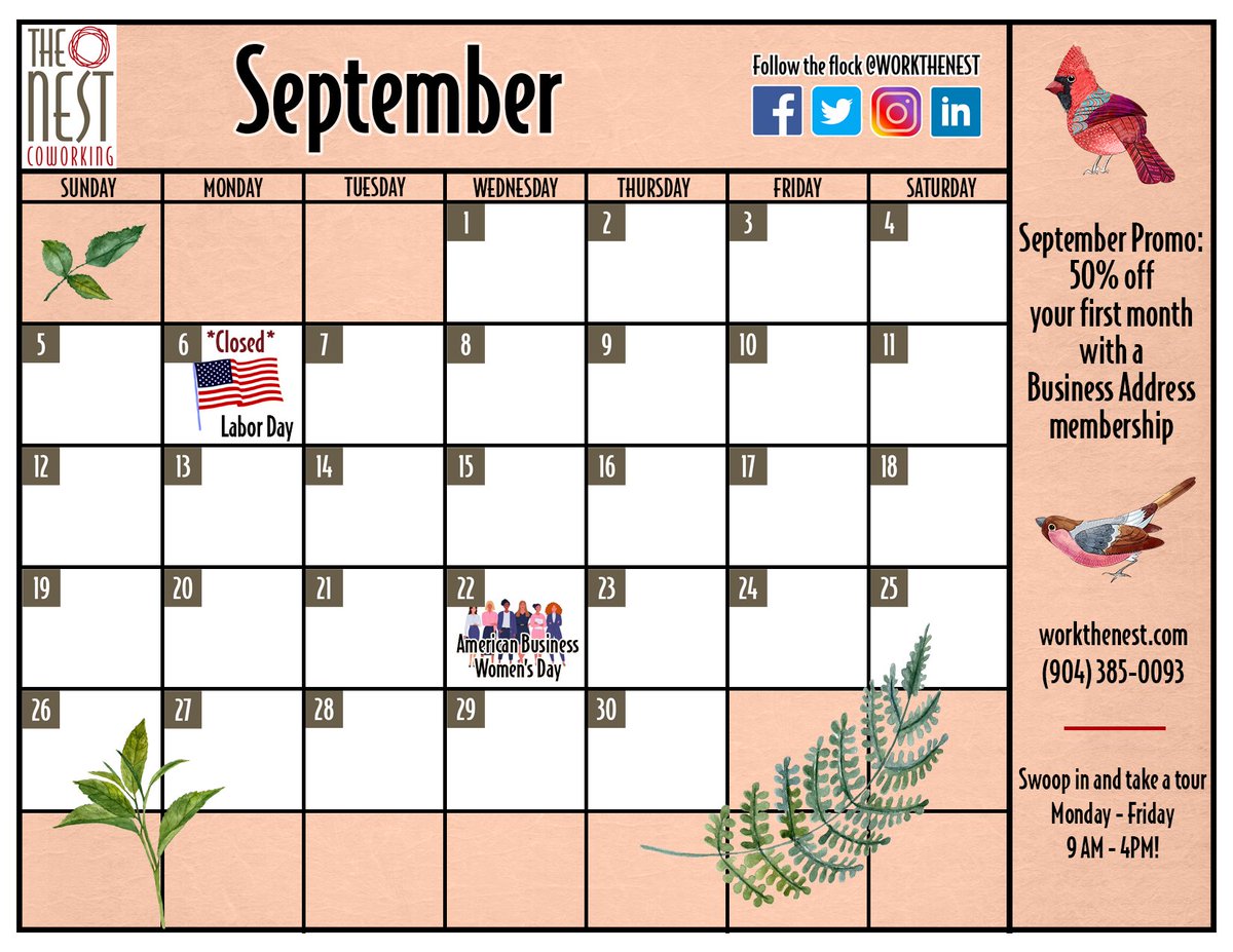 workthenest's tweet photo. Happy September Nesters! It's a new month and Fall will be here soon! We will be closed on September 6th this month. Don't miss the promo for our Business Address membership option!
#coworking #calendar #workthenest #claycounty https://t.co/6brYnGTT2N