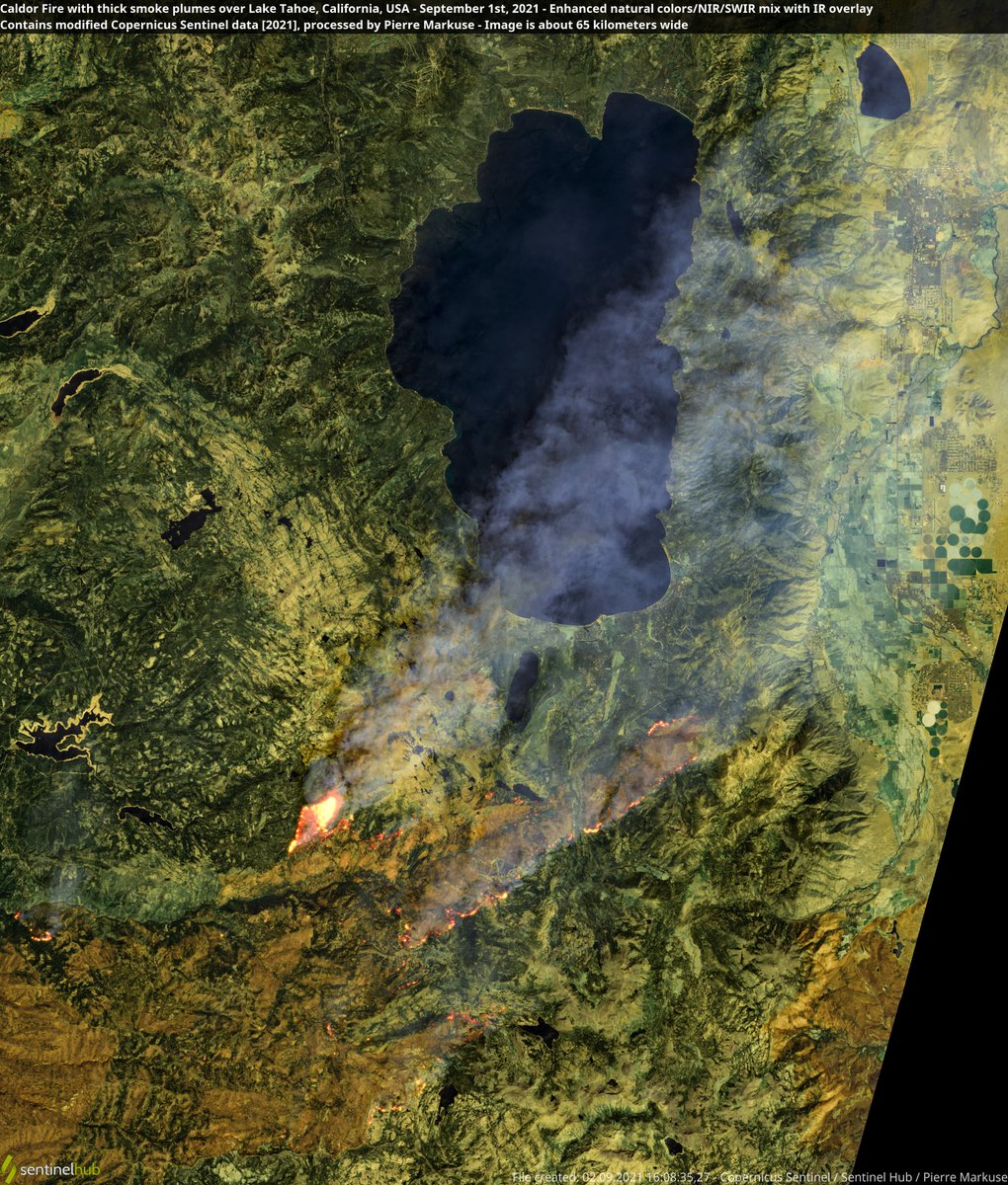 Satellite image of the Caldor Fire with thick smoke plumes over Lake Tahoe, California, USA. 1 September 2021. Copernicus/Pierre Markuse