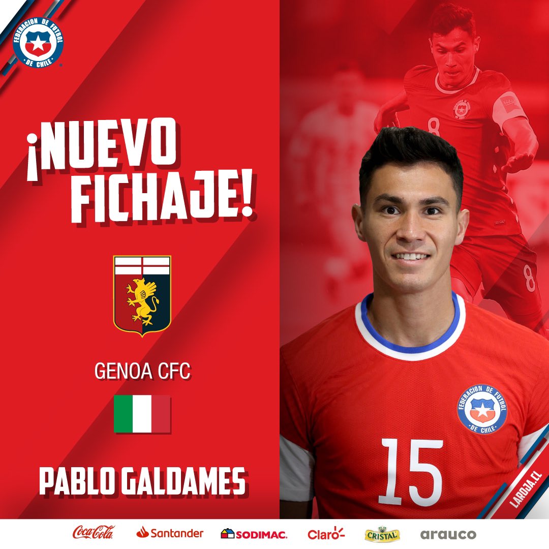 LaRoja's tweet photo. 🤜🤛 ¡Tremenda noticia para uno de los nuestros 🇨🇱🔥! 

😎 @GaldamesJr27 jugará en el @GenoaCFC y lo dará todo en la Serie A de Italia 🇮🇹 

👊 ¡Vamos, Pablo! https://t.co/hQ7vmyWtwc