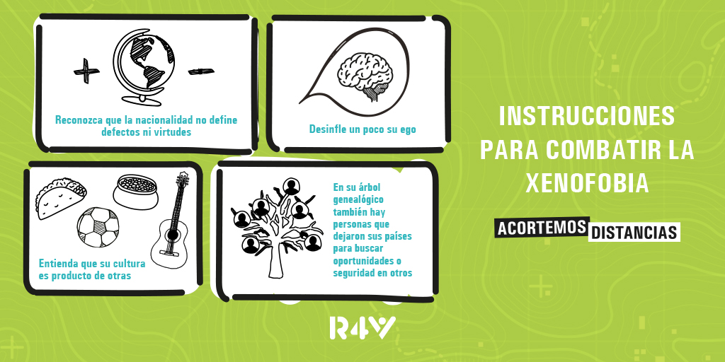 ADRAEcuador's tweet photo. La xenofobia es un miedo absurdo que pretende separarnos. 😕 

Aquí te dejamos algunas instrucciones para identificarla y contrarrestarla. 🤜🏽🤛🏾

Comparte este instructivo y #AcortemosDistancias. 😁 #PlataformaR4V https://t.co/OhU9DvTEP2