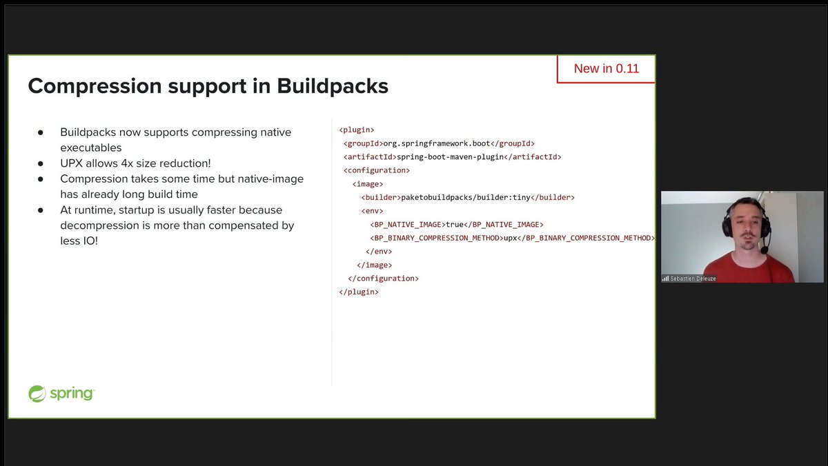 sergialmar's tweet image. Buildpacks now support UPX to compress native executables. Result: 4x size reduction 

#springone #springnative