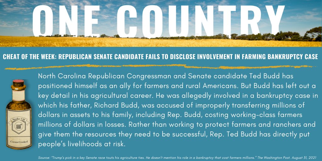 _OneCountry_'s tweet photo. This week’s #CheatoftheWeek goes to North Carolina Senate candidate @RepTedBudd for failing to disclose his role in a bankruptcy case that cost farmers millions. https://t.co/gOOH3qCCCG