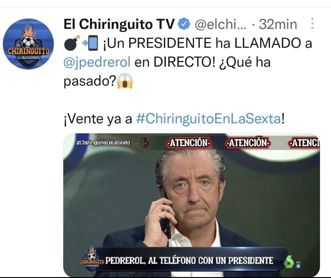 RobertJarni's tweet photo. @rimbaudarth El otro dia, en @elchiringuitotv, un presidente llamó en directo a @jpedrerol https://t.co/TPaIIEbpn5