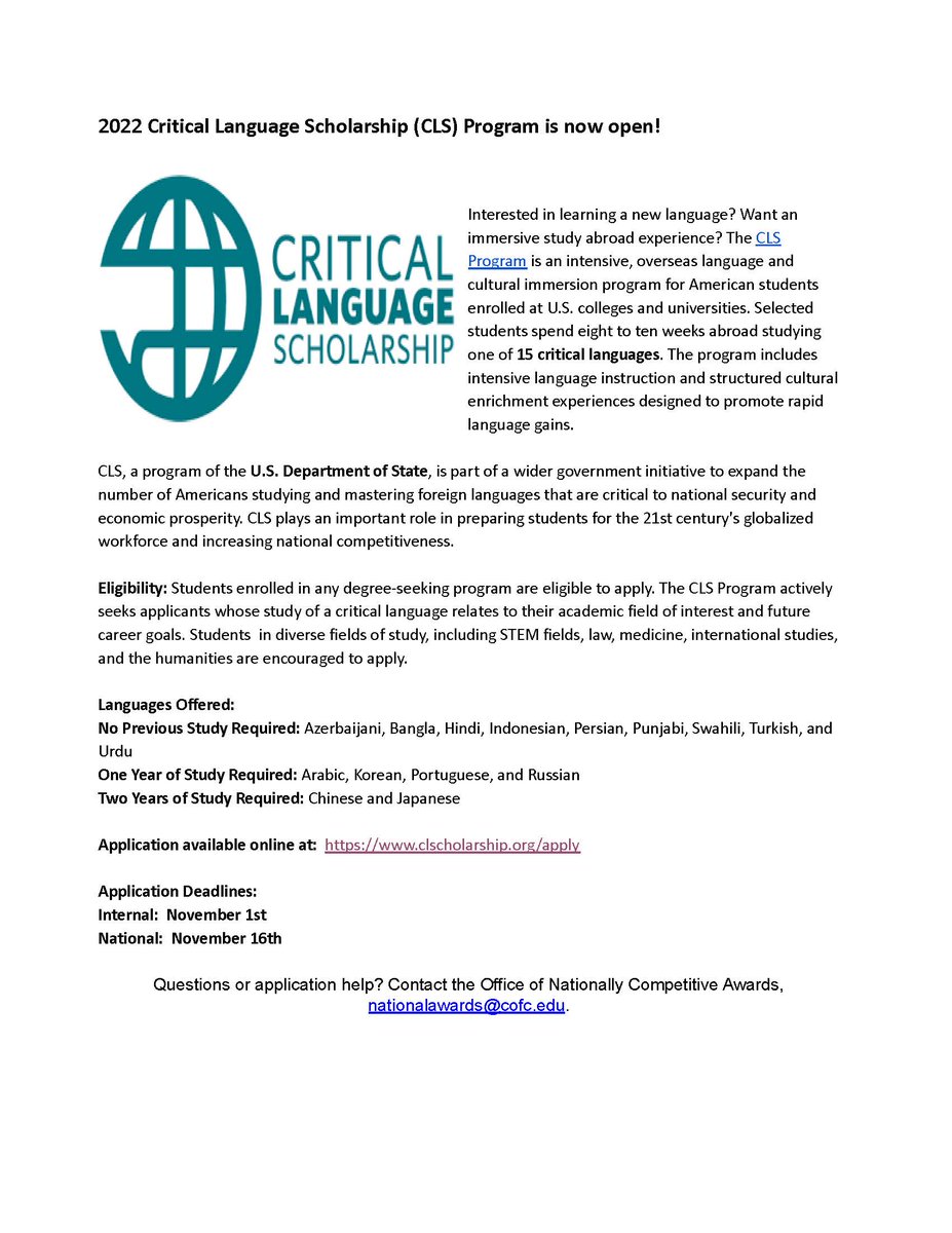 The 2022 CLS Program is now open! #cls #criticallangaugescholarship #cofc #collegeofcharleston #nationalawards
